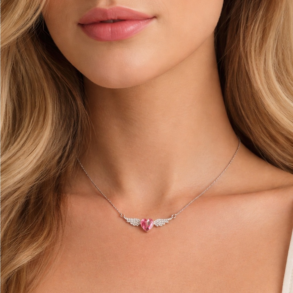 Pink Heart Crystal Necklace with Angel Wings